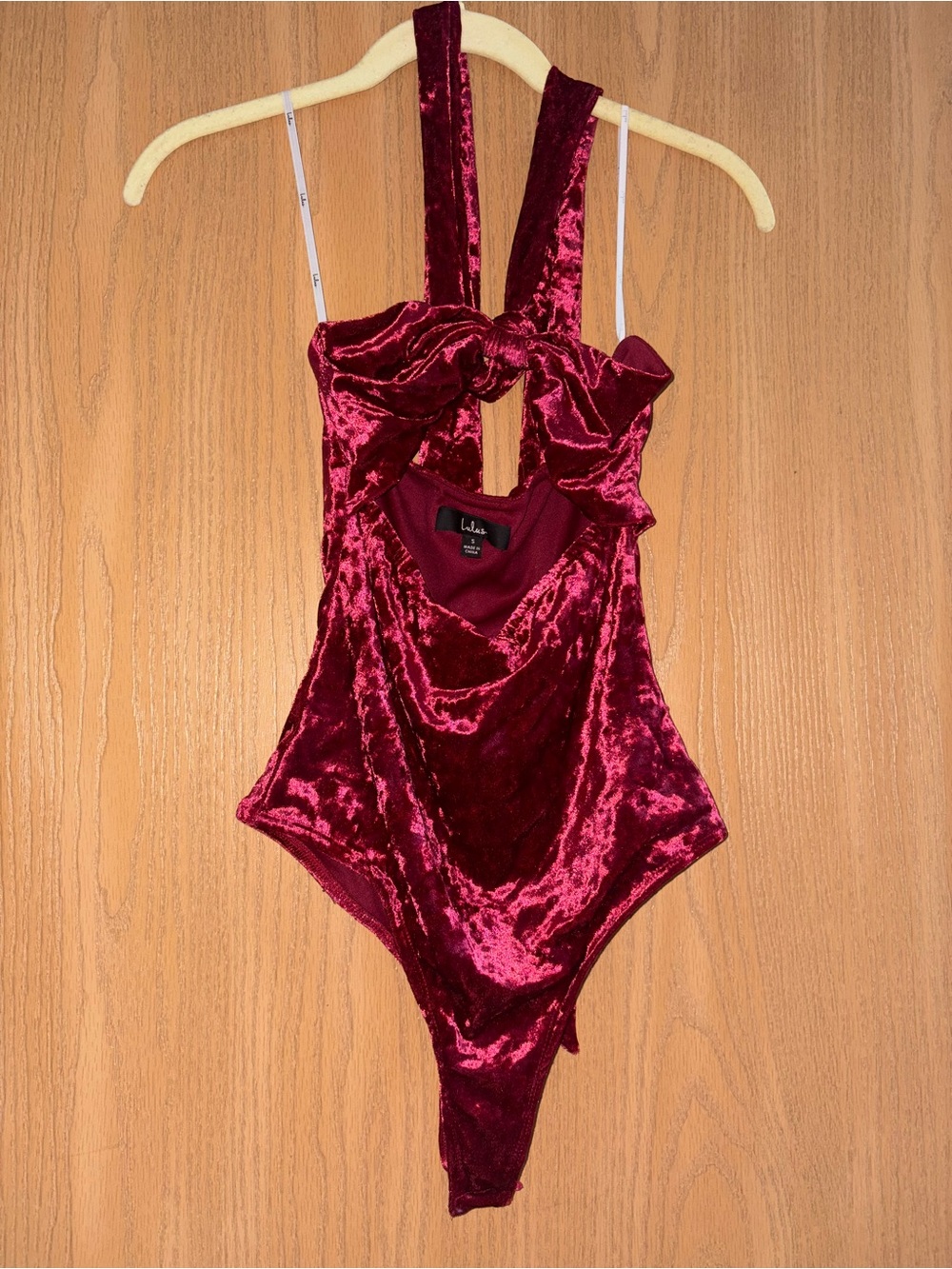Lulu's Velvet Burgundy Tie-Front Bodysuit